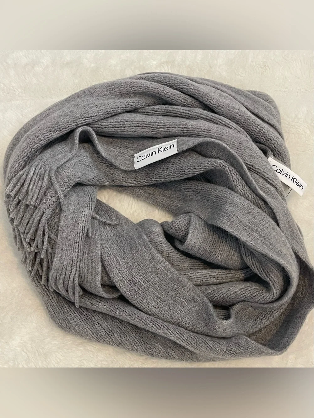 CALVIN KLEIN Logo Patch Scarf Heather Grey Solid Soft Long Oversize Fringe NWT